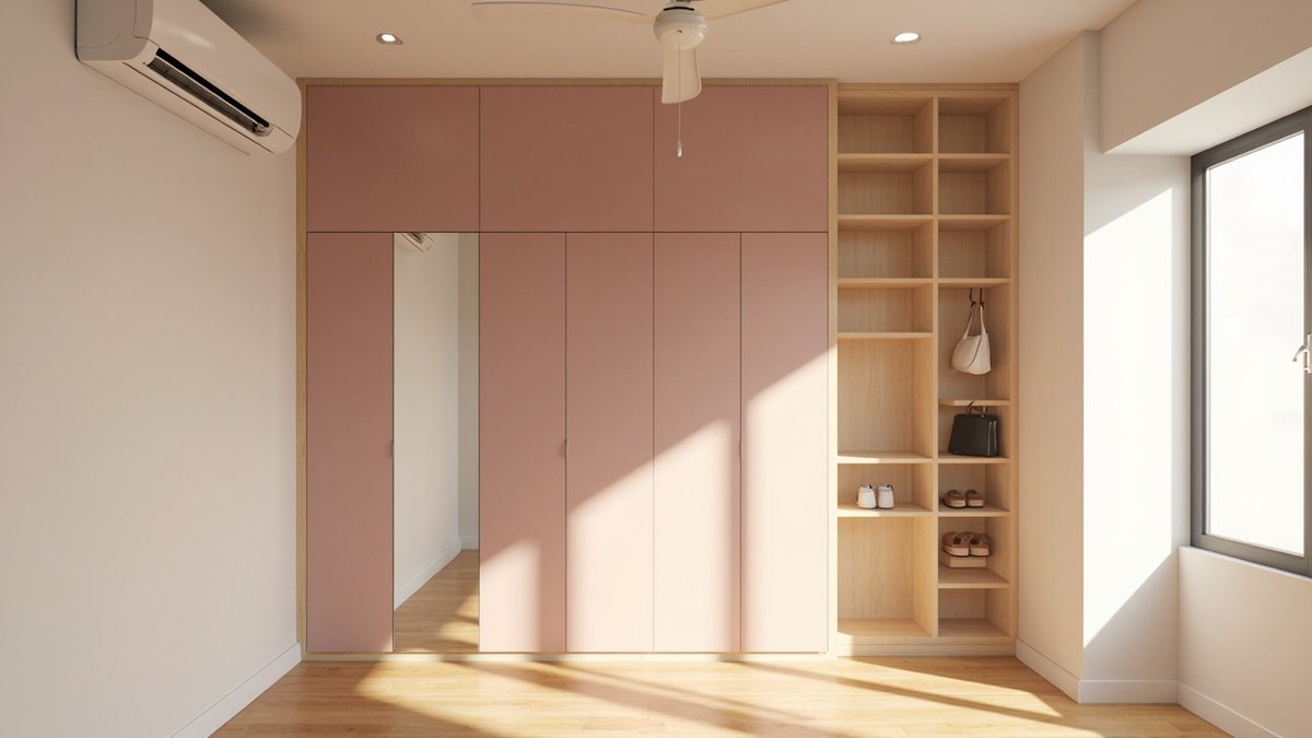 Illustrative concept design: dusty-rose wardrobe with a mirror door and open shoe shelves
