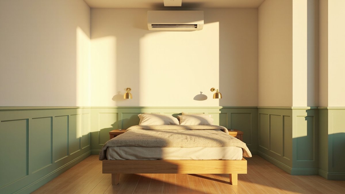 Illustrative concept design: sage wainscoting behind an oak double bed with brass wall lamps
