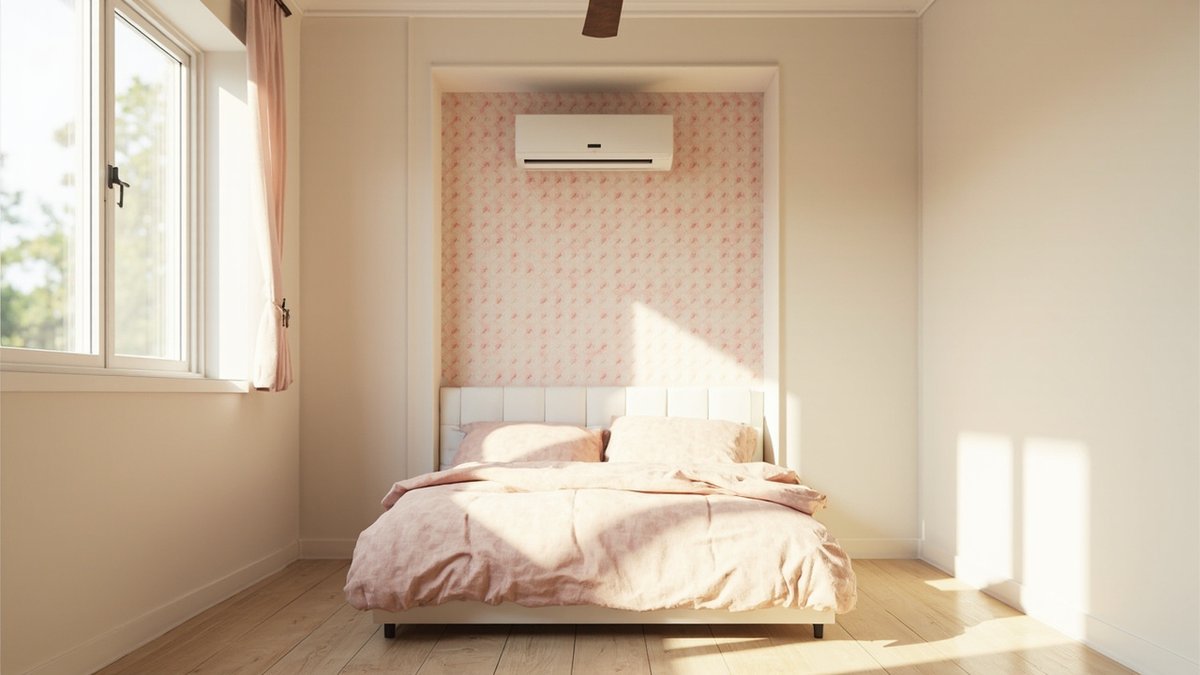 Illustrative concept design: blush patterned wallpaper in a recessed panel behind a white headboard
