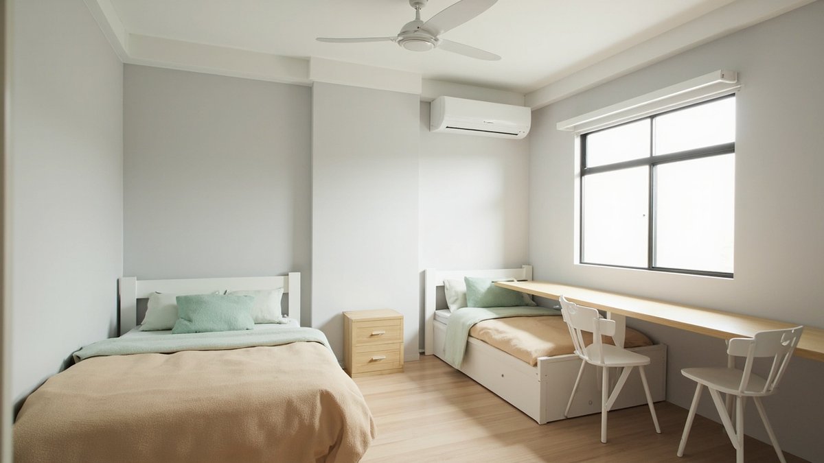 Illustrative concept design: two single beds and a long two-seat desk in a shared sisters' room