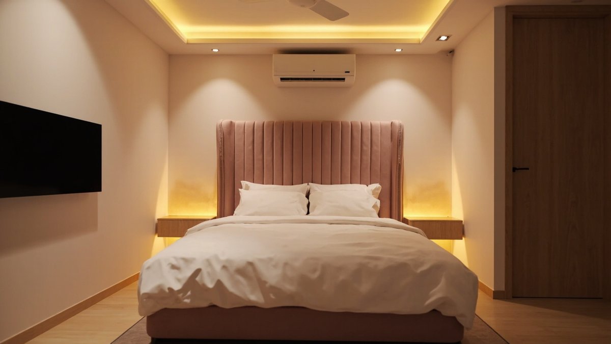 Illustrative concept design: dusty-pink tufted headboard with warm LED glow under floating shelves