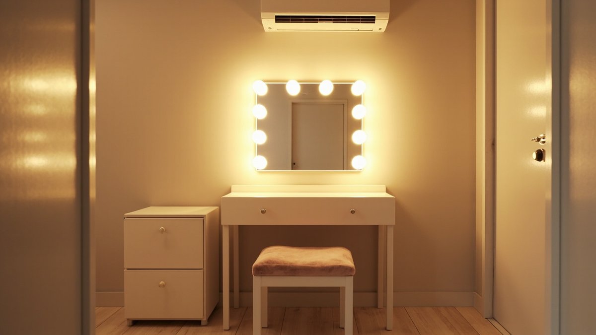 Illustrative concept design: white vanity table with a bulb-framed mirror, drawer unit and blush stool