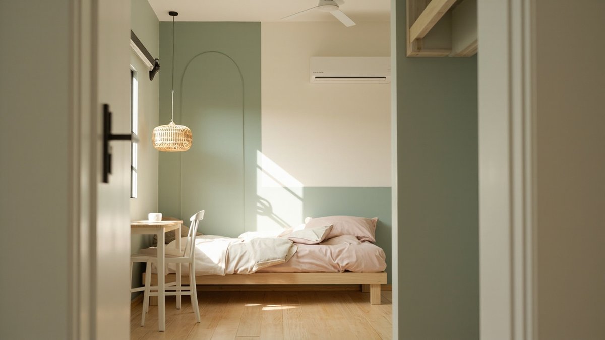 Illustrative concept design: girl's bedroom with an arched sage painted panel behind a light oak bed with blush and cream bedding and a rattan pendant