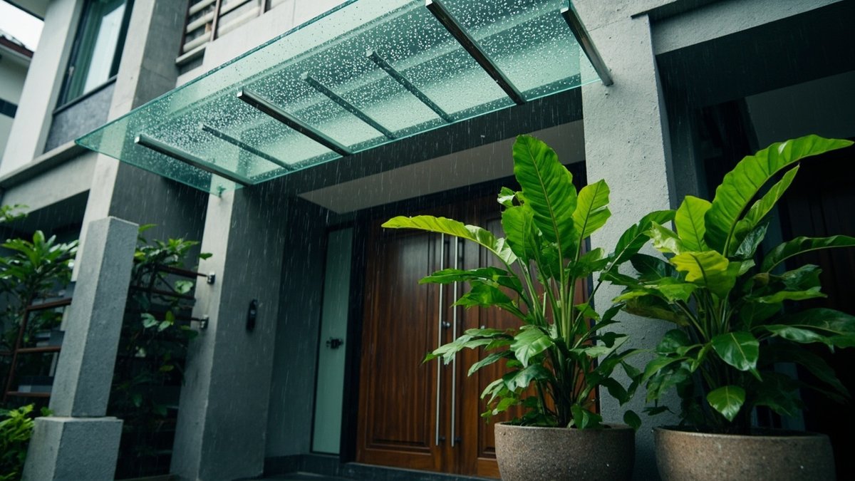 Kanopi kaca jernih dipegang rod stainless di atas pintu depan rumah teres moden