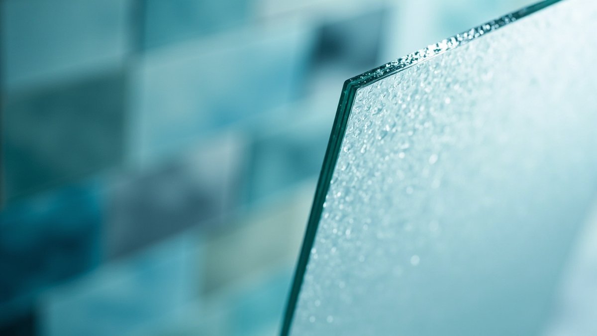 Close-up of tempered glass meeting frosted glass on a shower panel