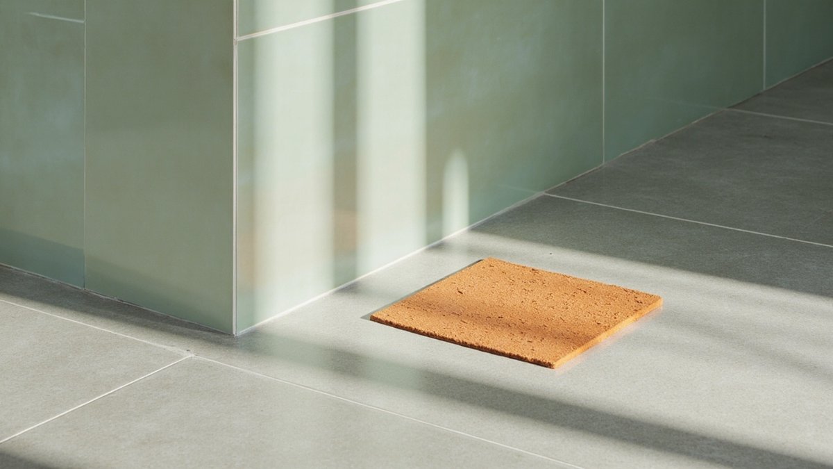 Glossy glazed wall tiles above a matt unglazed porcelain floor with a terracotta sample