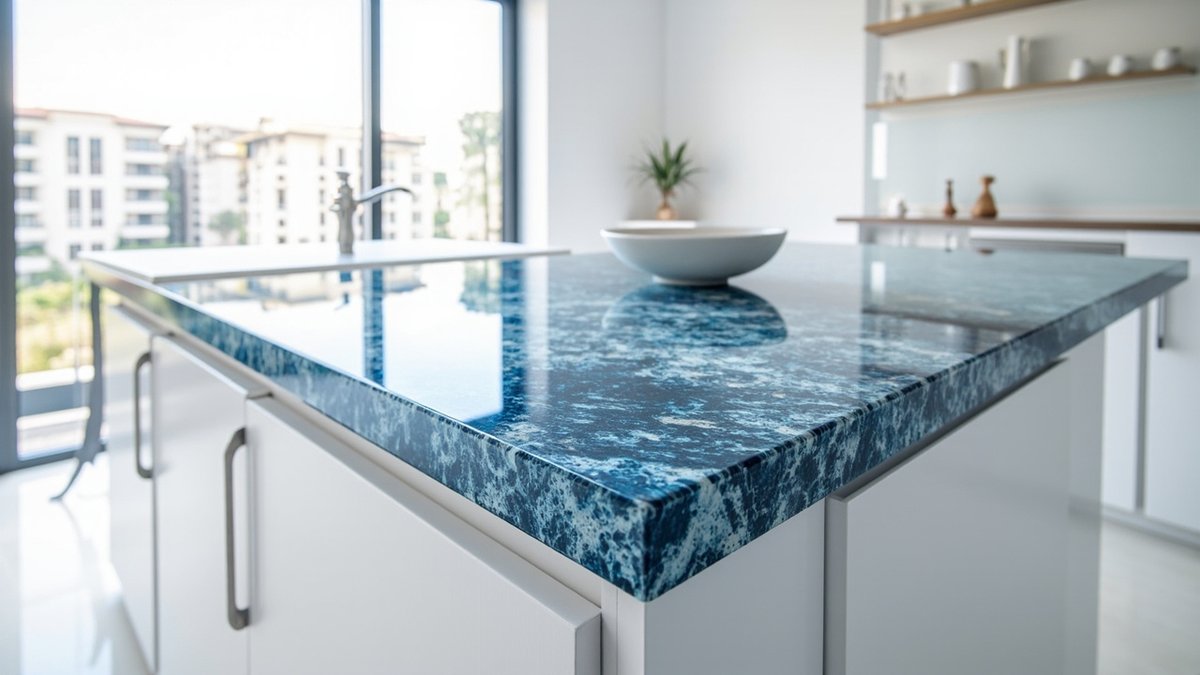 Ilustrasi konsep reka bentuk: pulau dapur dengan top granit blue bahia biru terang dan putih dalam dapur putih