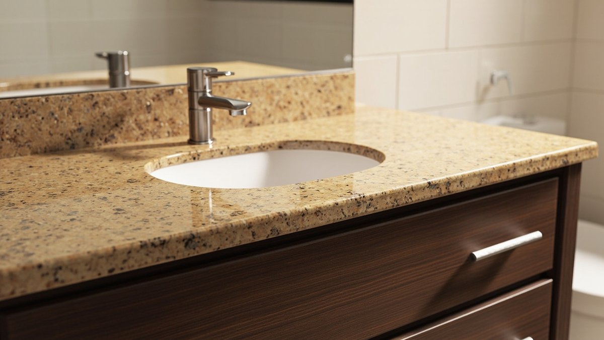 Ilustrasi konsep reka bentuk: top vanity granit kashmir gold dengan besen undermount putih di atas kabinet walnut