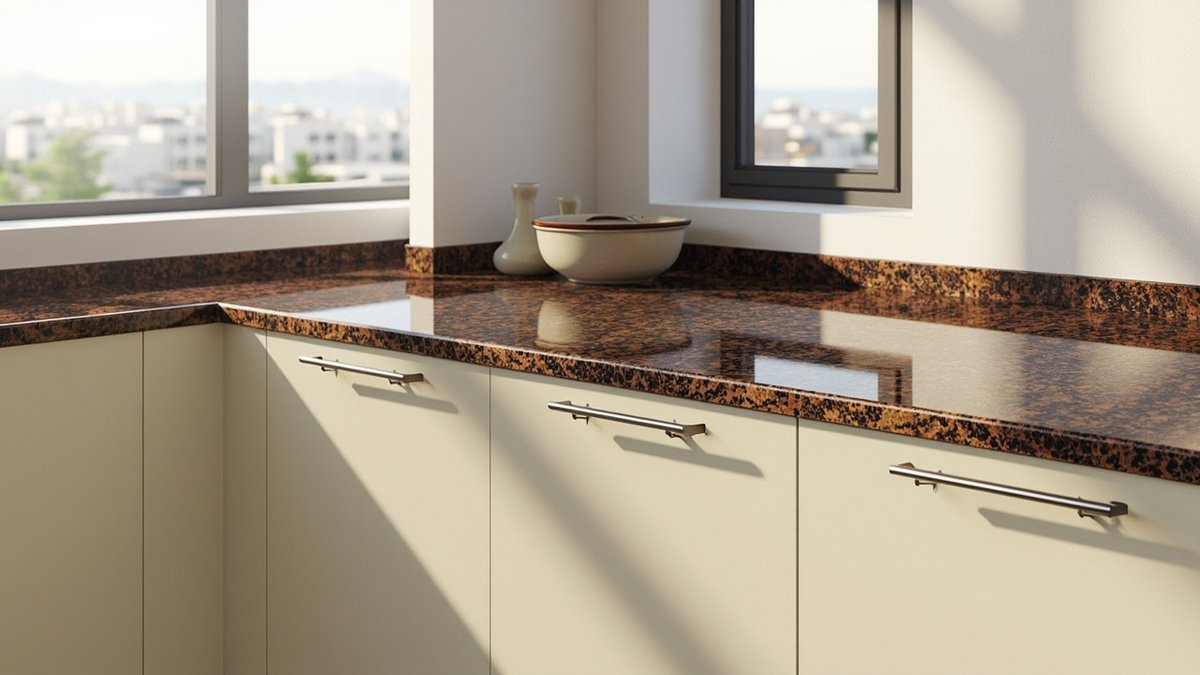 Ilustrasi konsep reka bentuk: table top granit tan brown berkilat di atas kabinet dapur krim
