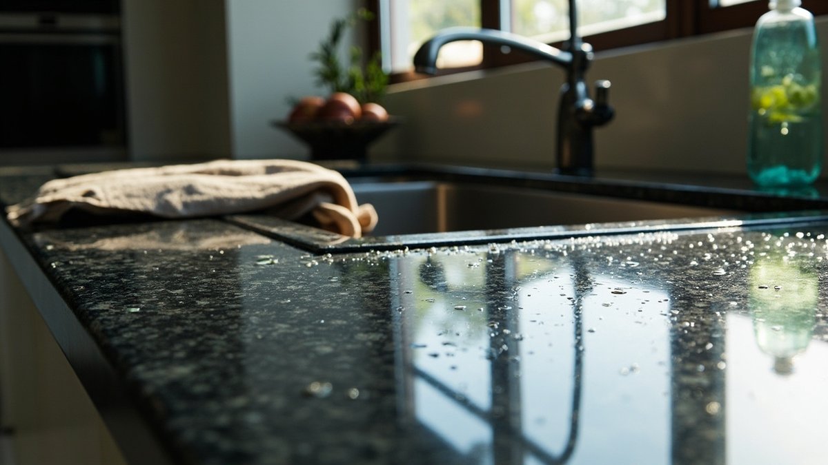 Titisan air di atas table top granit dapur yang telah di-seal, di sebelah kain dan botol sealer