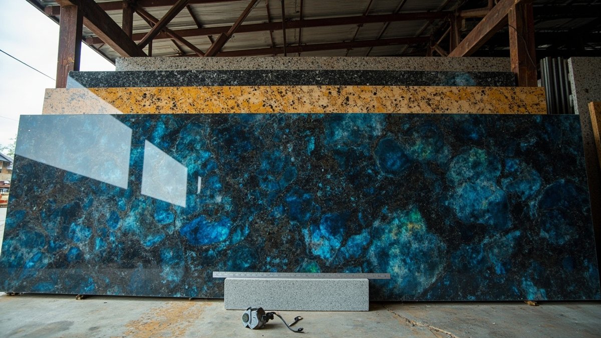 Polished granite slabs in blue, gold and black leaning on a rack in a stone yard