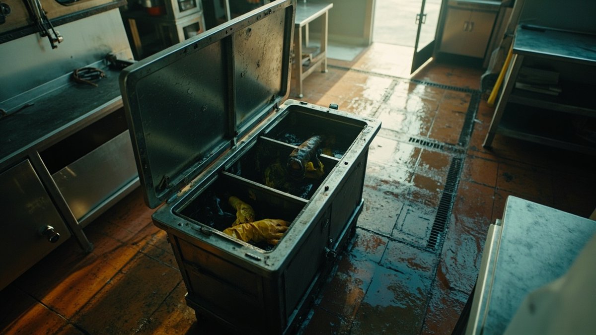 Stainless steel grease trap being serviced in a Malaysian commercial kitchen