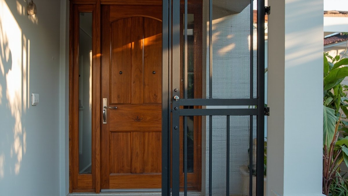 Black steel swing grille door with fine mesh panels and a lock, closed in front of a timber main door