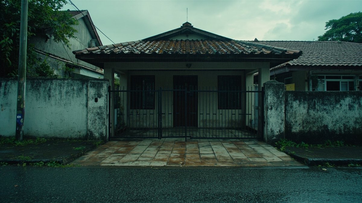 Older single-storey house with a tiled roof behind a black steel gate and stained boundary walls, beside a wet road