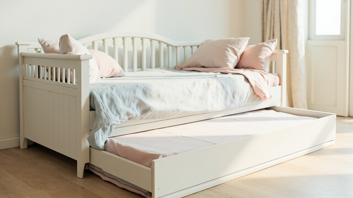 Illustrative concept design: white timber daybed with its trundle bed pulled out underneath