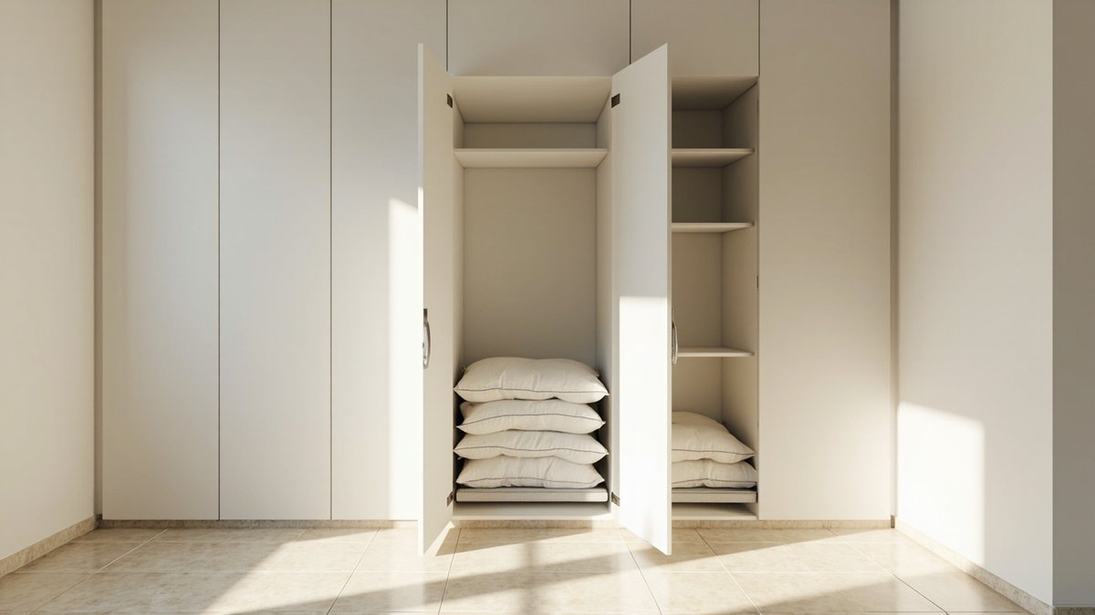 Illustrative concept design: tall white built-in cabinet open to show stacked pillows and folded bedding