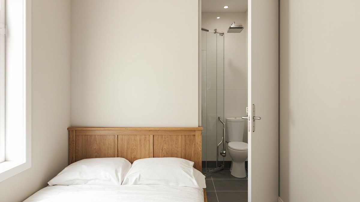 Illustrative concept design: guest bed beside an open en-suite door showing a grab bar next to the toilet