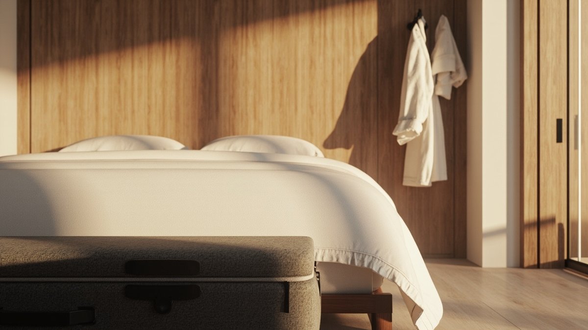 Illustrative concept design: charcoal luggage bench at the foot of a bed and a bathrobe on wall hooks