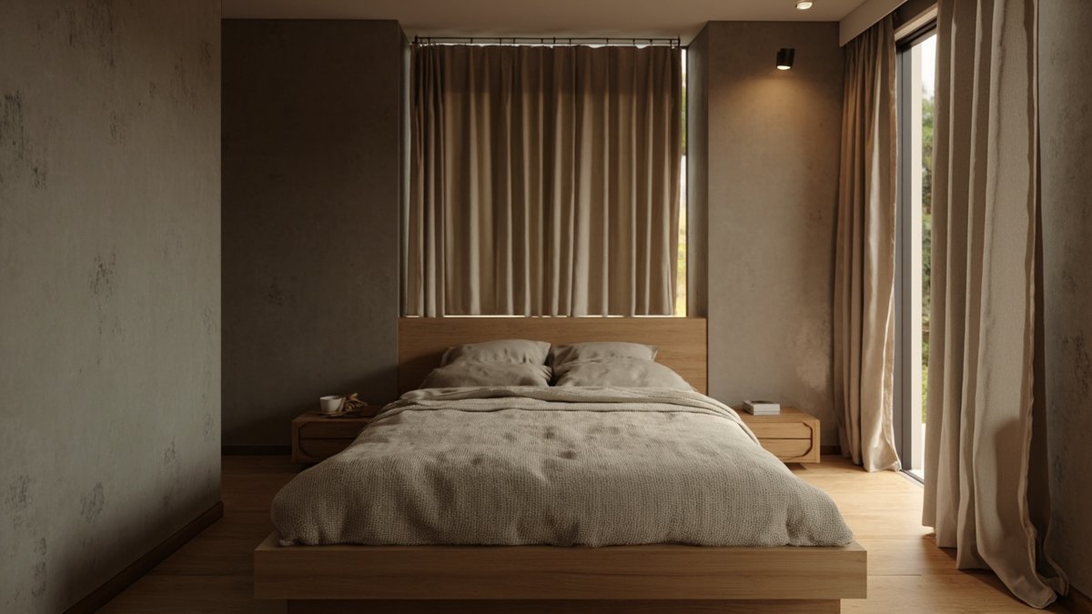 Illustrative concept design: low oak bed in oatmeal linen with heavy sand blackout curtains drawn