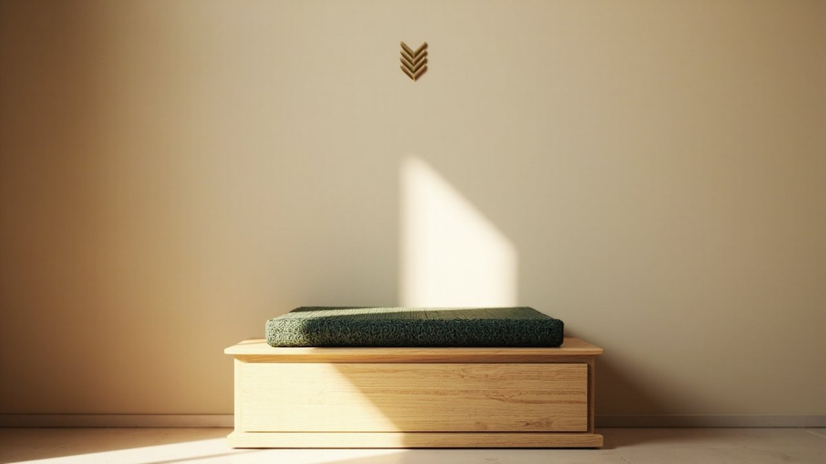 Illustrative concept design: low oak bench with a folded green prayer mat and a small brass arrow marker on the wall