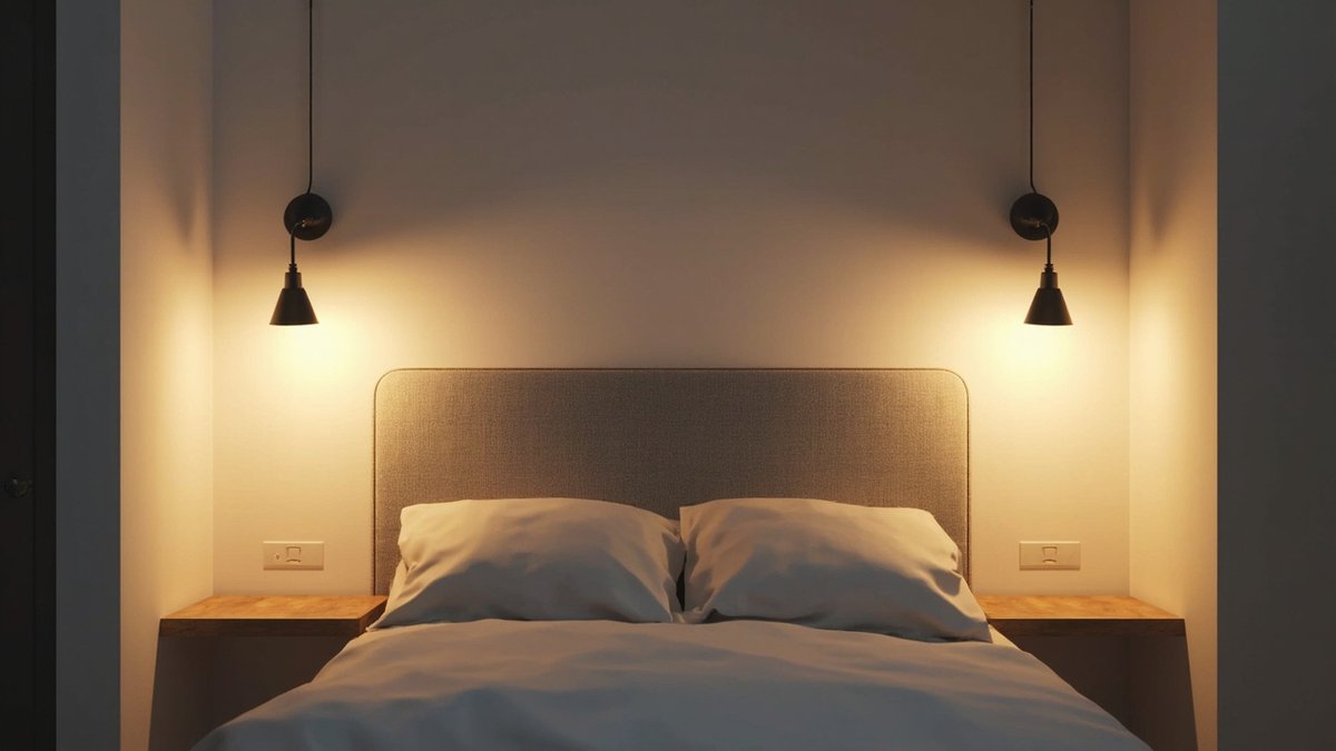 Illustrative concept design: headboard with black wall lamps on both sides and a socket above each bedside shelf