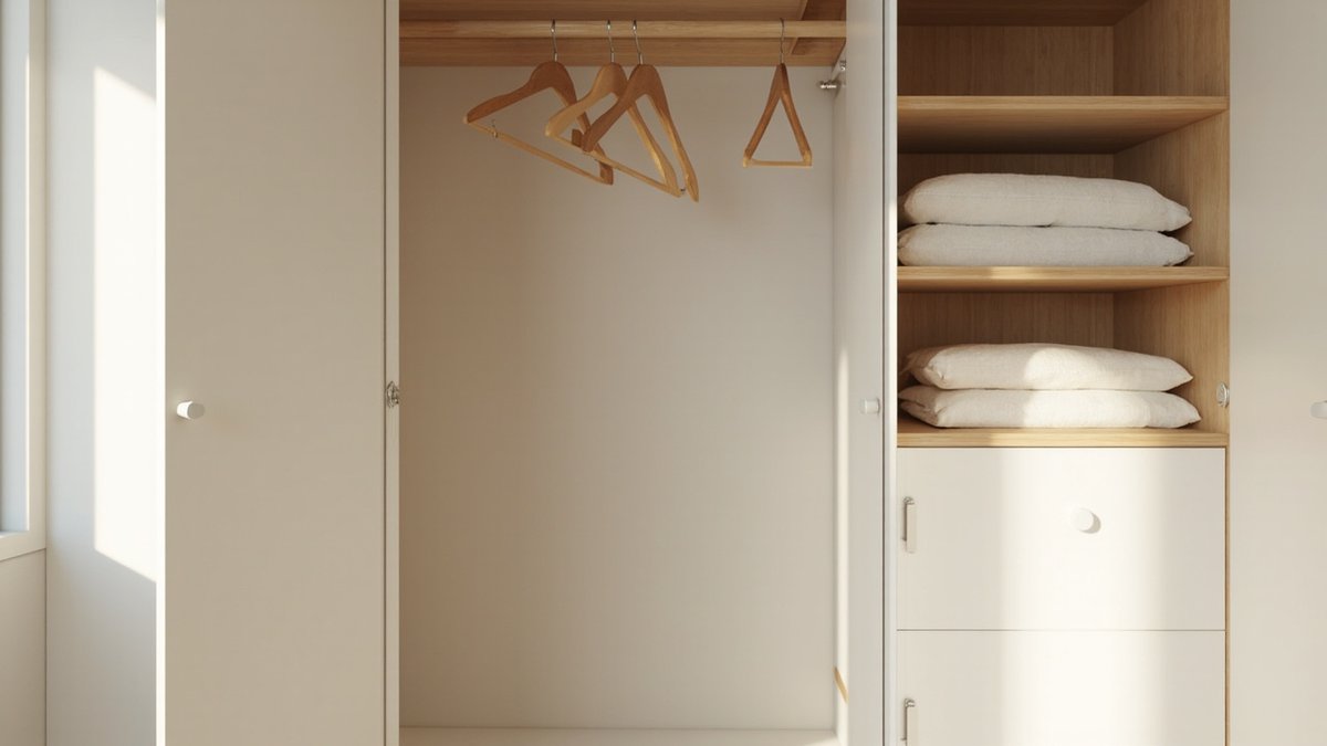Illustrative concept design: open wardrobe with hangers on one side and shelves of pillows on the other