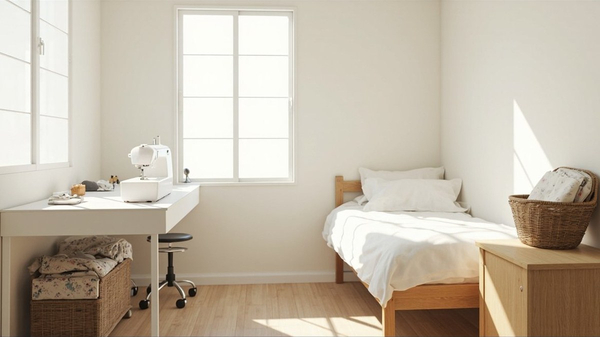Illustrative concept design: spare room with a sewing table under the window and a single bed for guests
