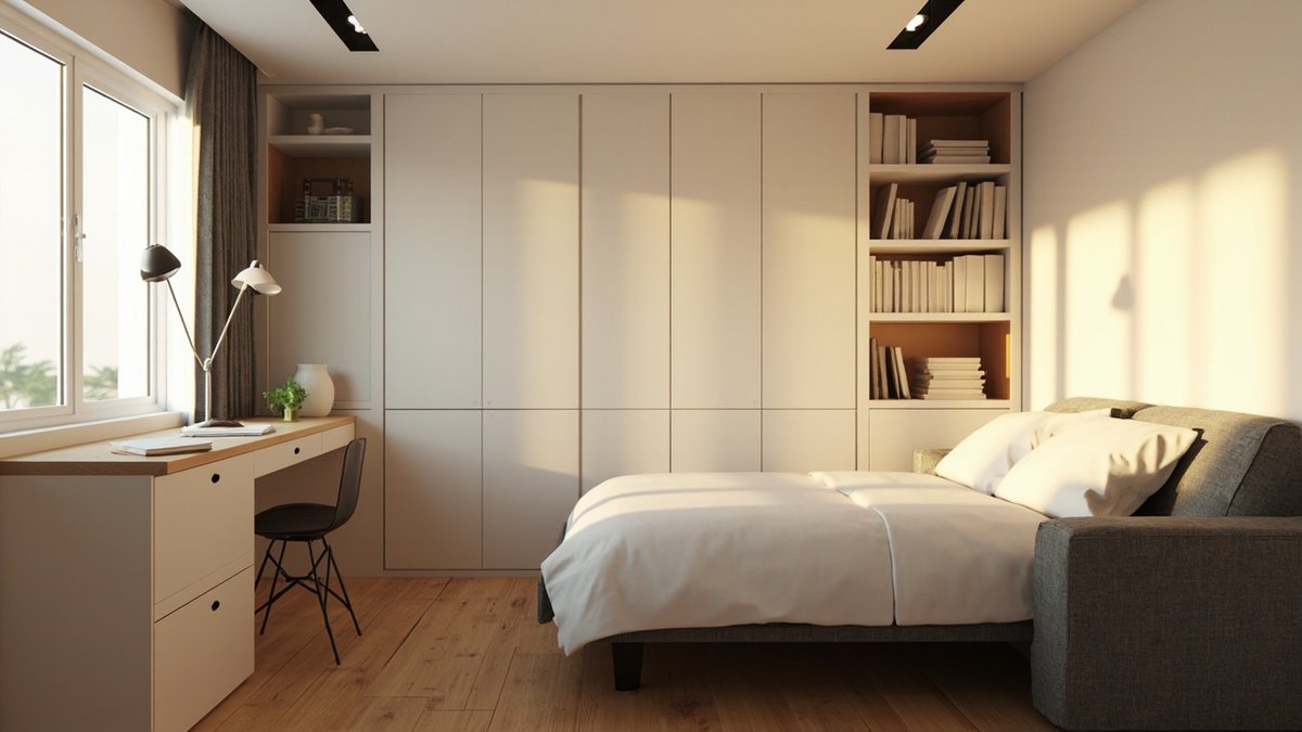 Illustrative concept design: study with a built-in desk and shelves and a grey sofa bed opened flat for a guest
