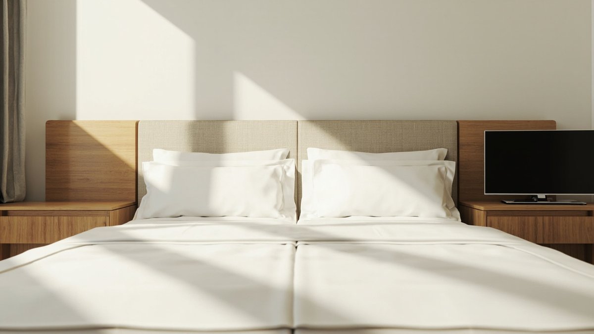 Illustrative concept design: two single beds pushed together under one long upholstered headboard