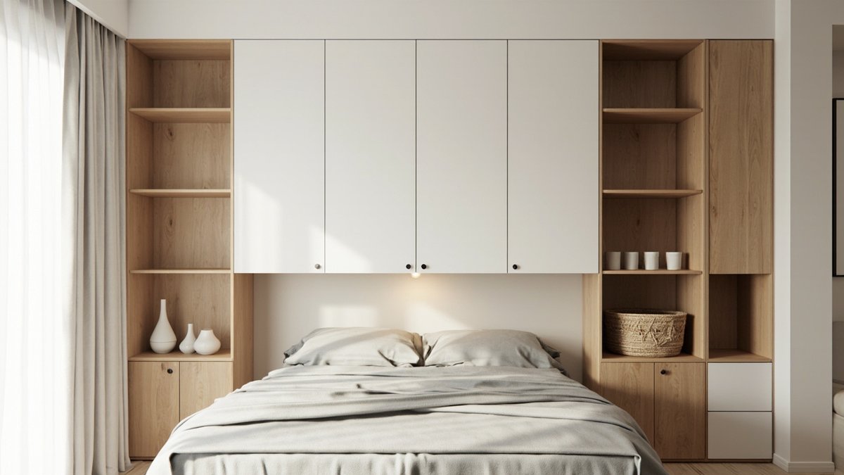 Illustrative concept design: bed set into a built-in wall of white overhead cabinets and oak shelves