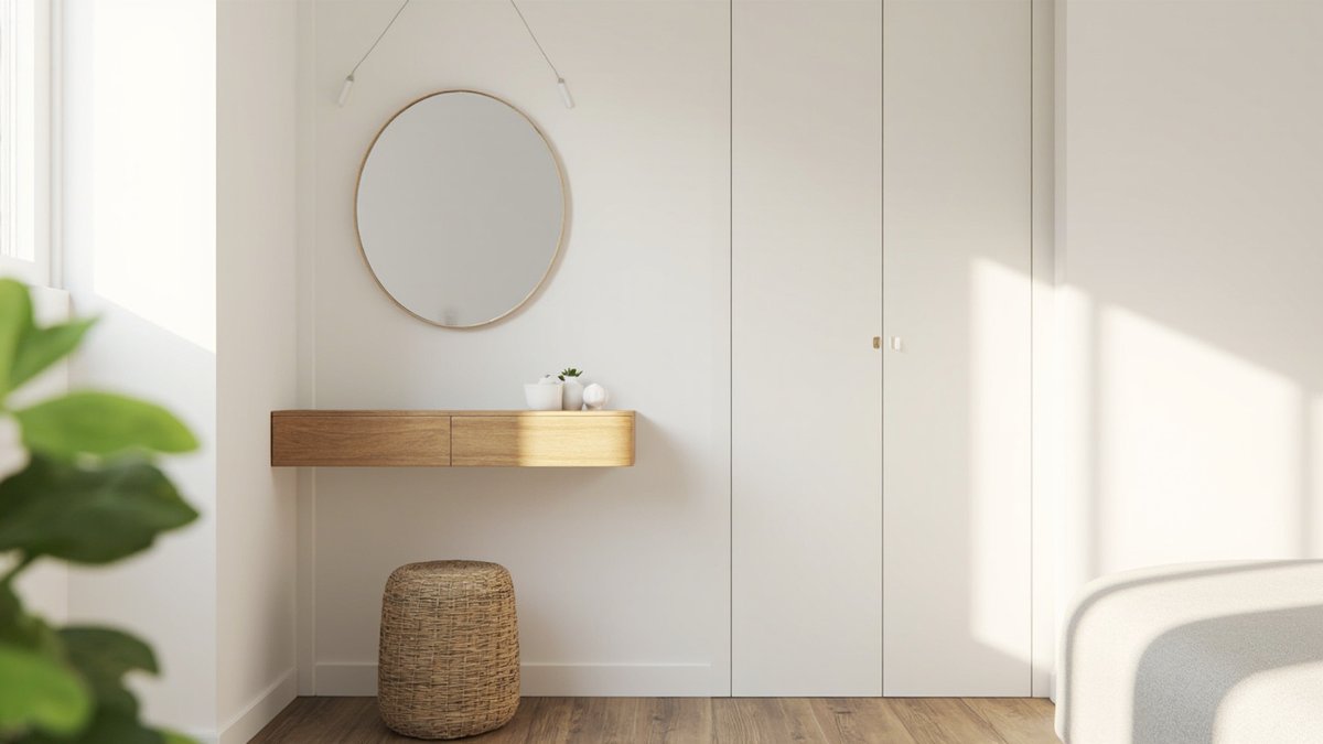 Illustrative concept design: slim floating oak console under a round mirror with a woven stool