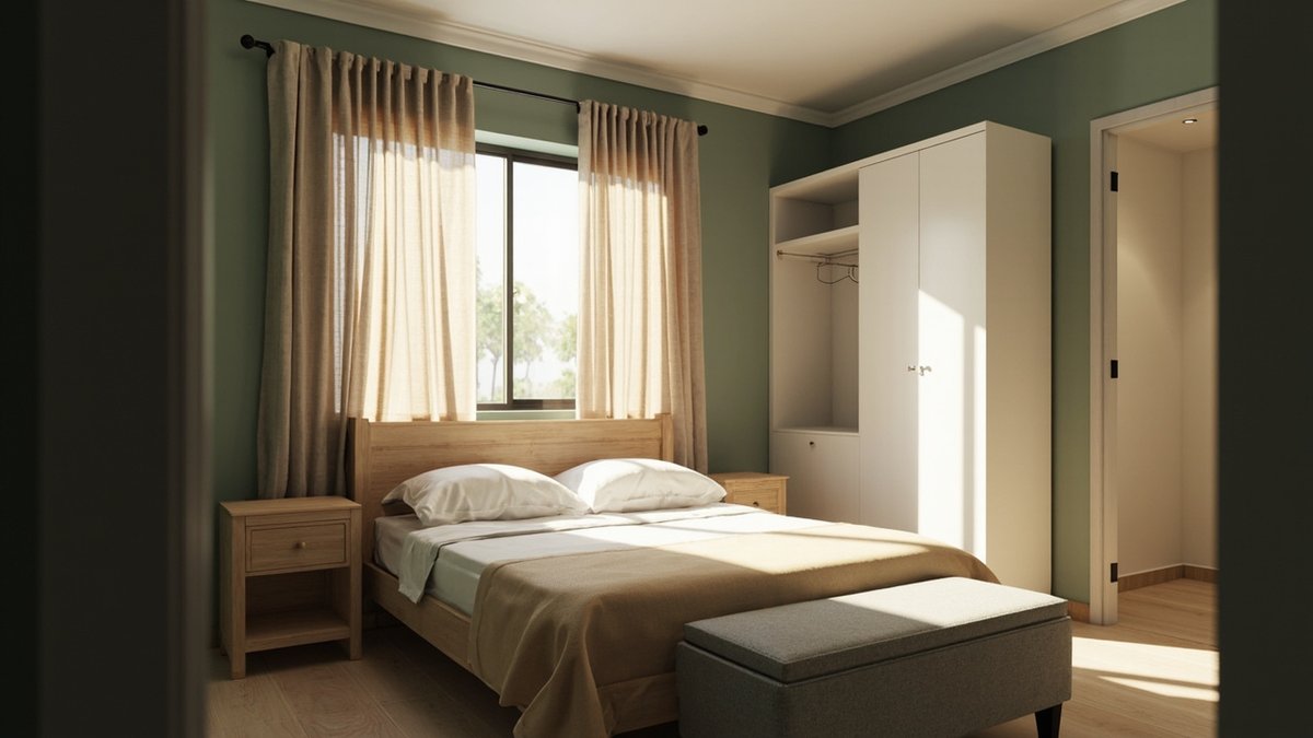 Illustrative concept design: guest bedroom with sage green walls, an oak bed in white and sand linen, a bench at the foot and an open wardrobe