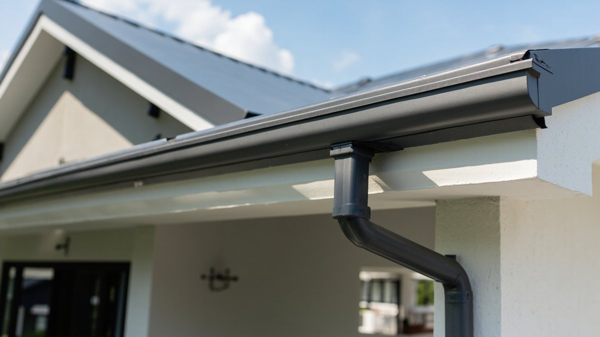 Aluminium box gutter on a semi-D house roof edge