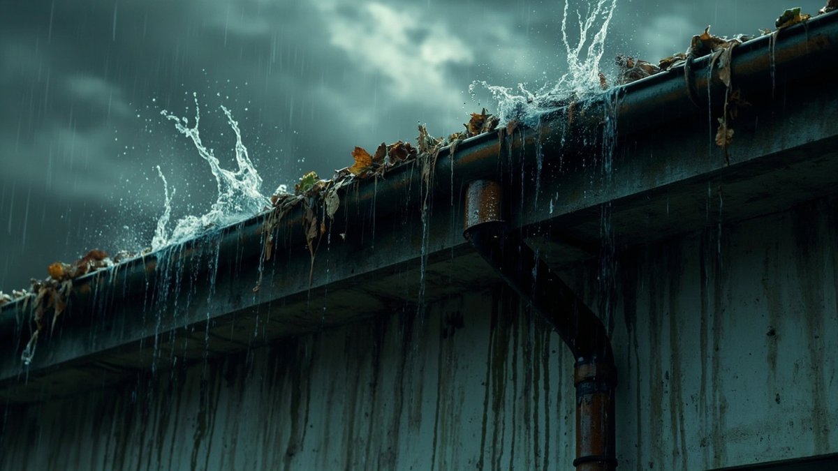Roof gutter overflowing with rainwater past a rusted downpipe during monsoon storm