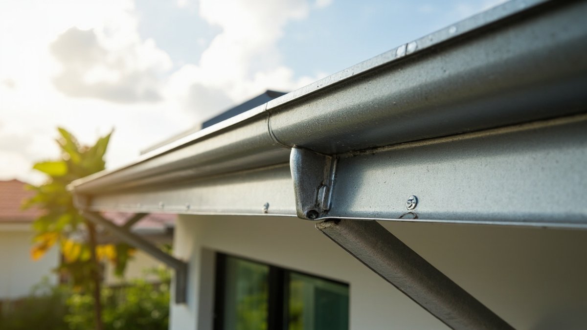 Galvanised steel box gutter with a zinc-grey finish