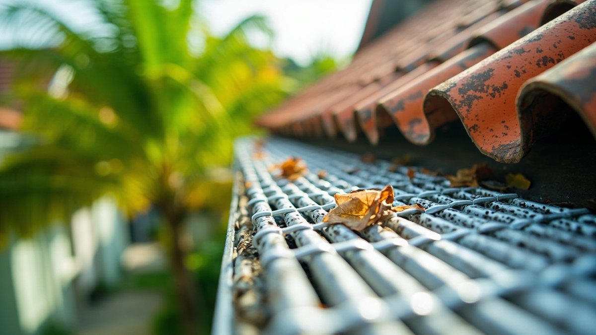 Aluminium mesh gutter guard over a roof gutter with fallen leaves on top