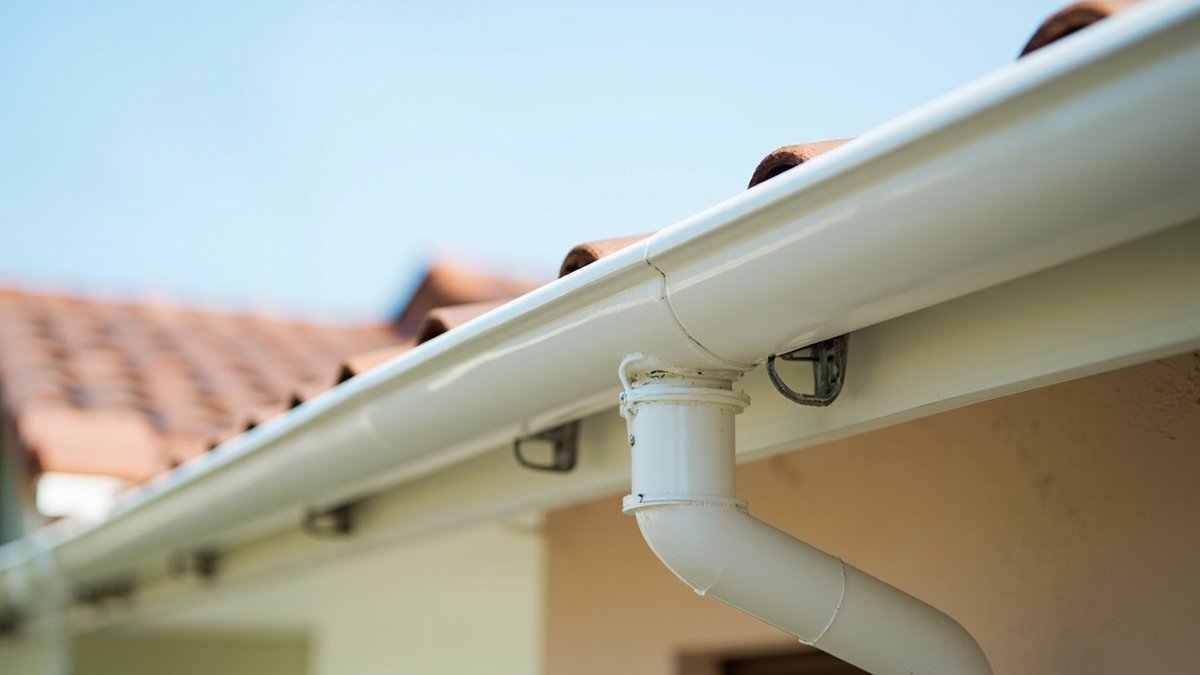 White uPVC half-round gutter on a terrace house roofline