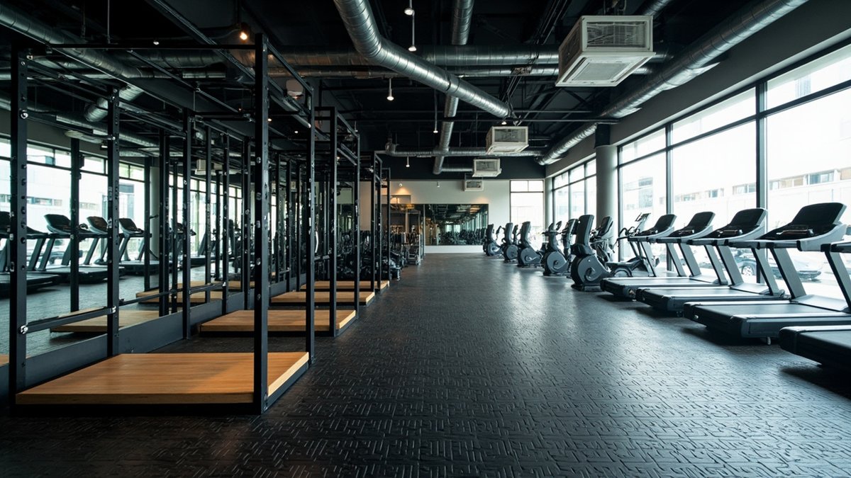 Gim lot kedai yang baru siap dengan lantai getah, platform angkat, rak squat dan barisan treadmill