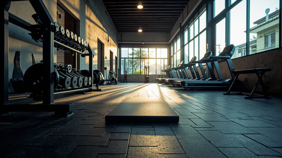 Gym with black rubber floor tiles and a thicker lifting platform in the weights area