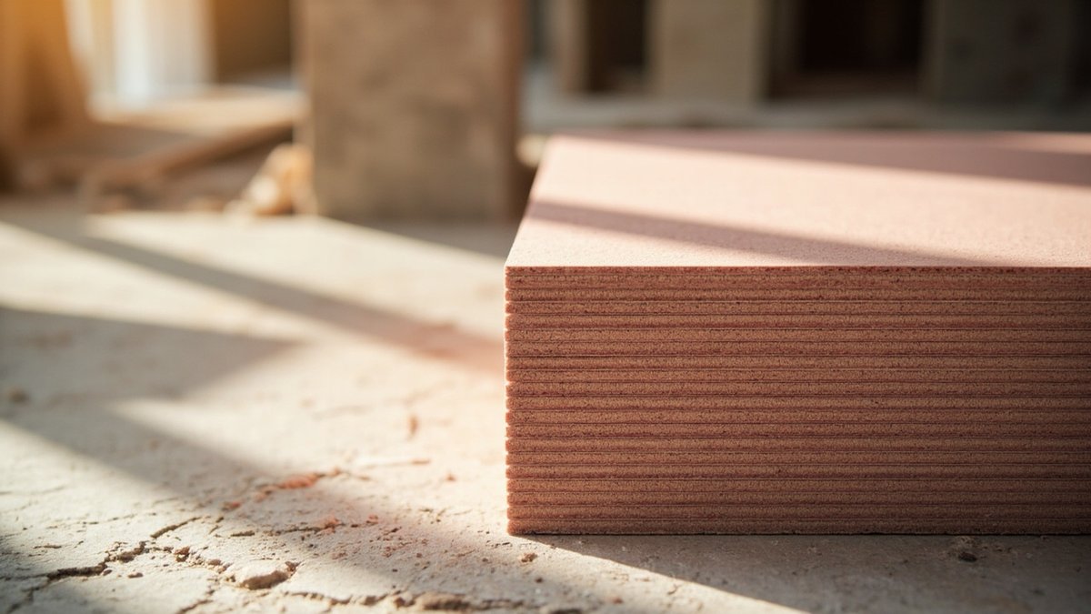 Stack of fire-rated pink gypsum board sheets