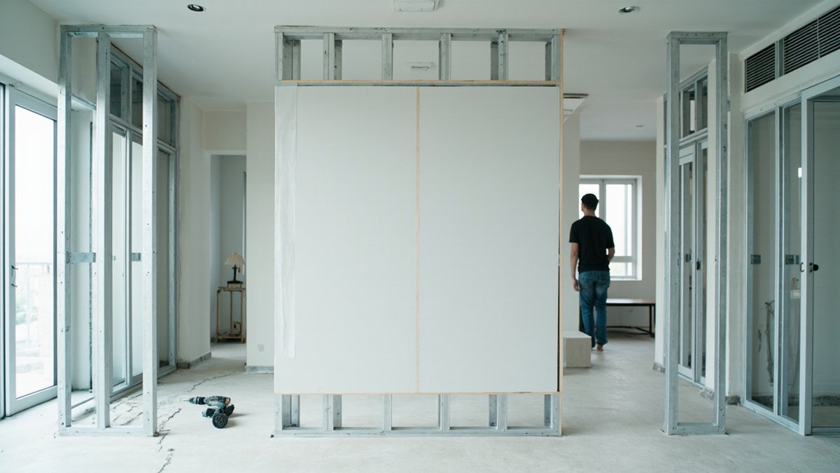 Steel studs and the first gypsum boards of a new partition dividing a condo living room