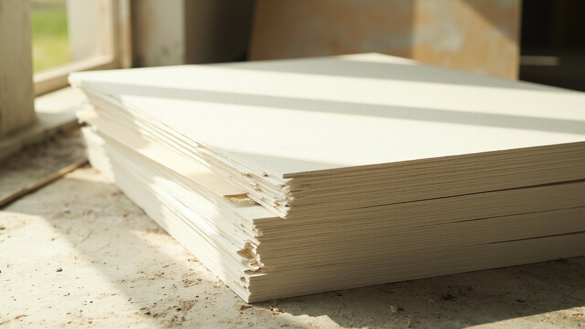 Stack of standard ivory gypsum plasterboard sheets