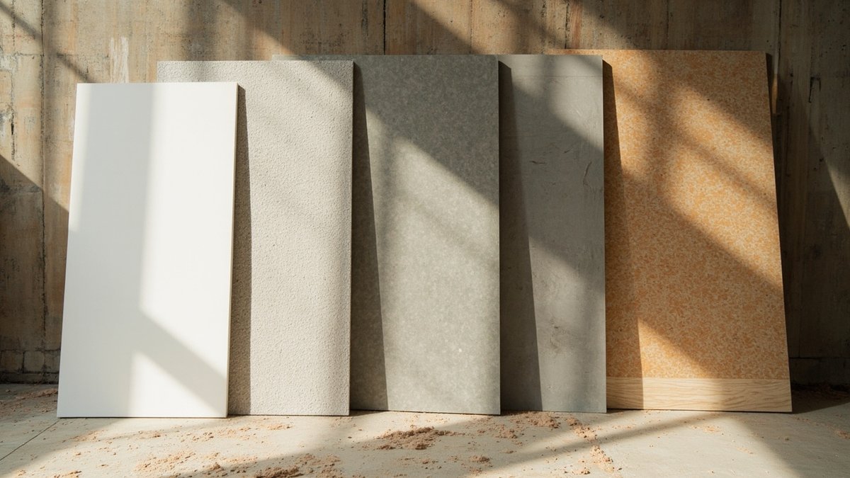 Gypsum, calcium silicate, fibre cement and plywood boards side by side on a renovation site