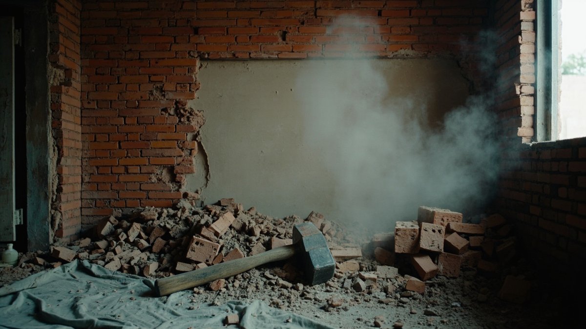 Partly demolished brick wall inside a terrace house with rubble on a tarpaulin