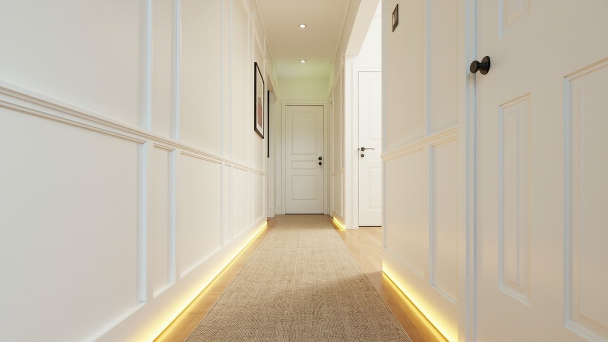 Ilustrasi konsep reka bentuk: koridor tingkat atas dengan wainscoting putih, permaidani jut dan jalur LED hangat di kedua-dua skirting