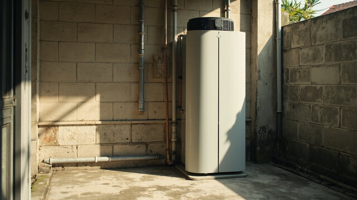 All-in-one heat pump water heater with a fan unit on top of the tank in a back yard
