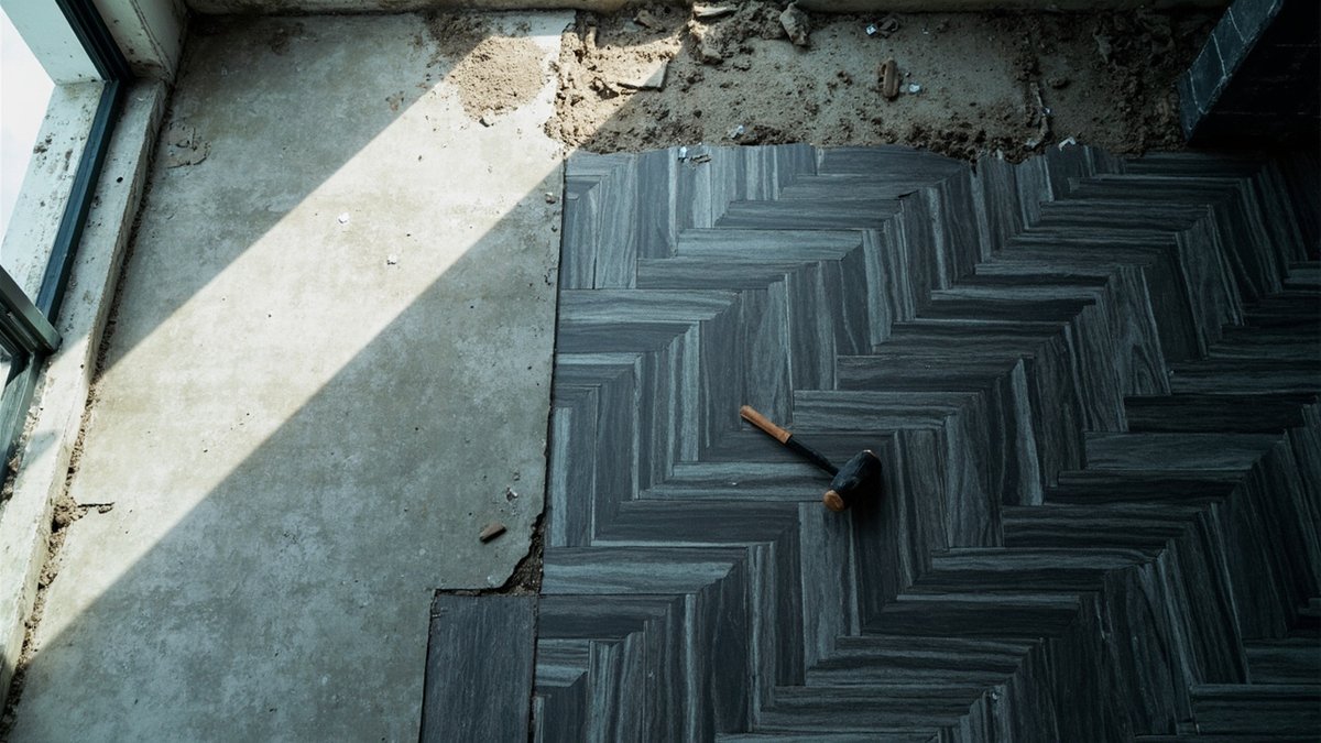 Lantai SPC herringbone rupa kayu oak cerah di ruang tamu dan makan kondo