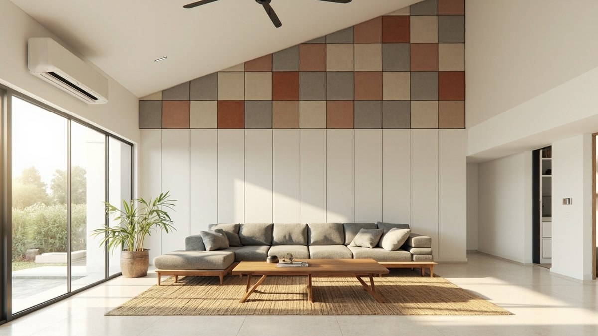 Illustrative concept design: rust, grey and sand acoustic squares on the upper wall of a sloping high living room