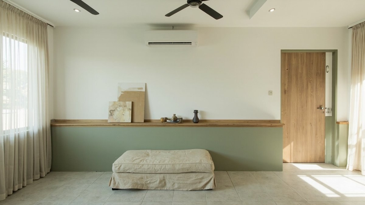 Illustrative concept design: timber ledge on a sage green lower wall with leaning canvases, white wall above