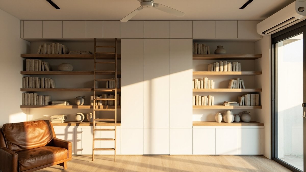 Illustrative concept design: oak shelves and tall white cabinets filling the wall, a timber ladder and a leather armchair